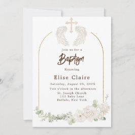 Convite Batismo Floral das Asas Cruzadas da Igreja ouro
