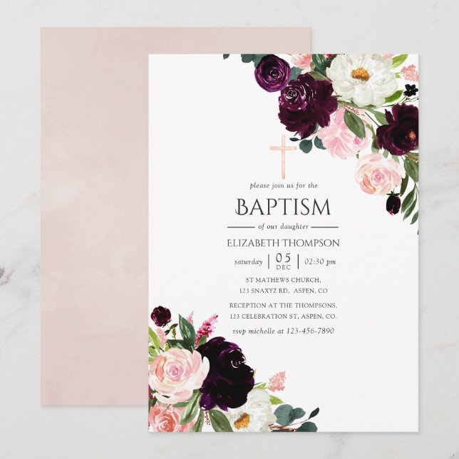 Convite Batismo Floral de Ameixa Borgonha e Rosa Pálido (Frente/Verso)