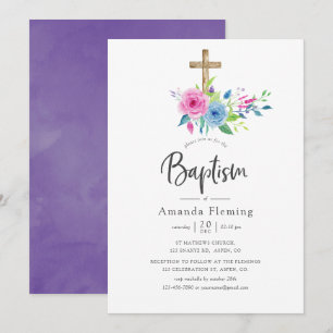 Convite Batismo Floral de Aquarela Violeta Ultra