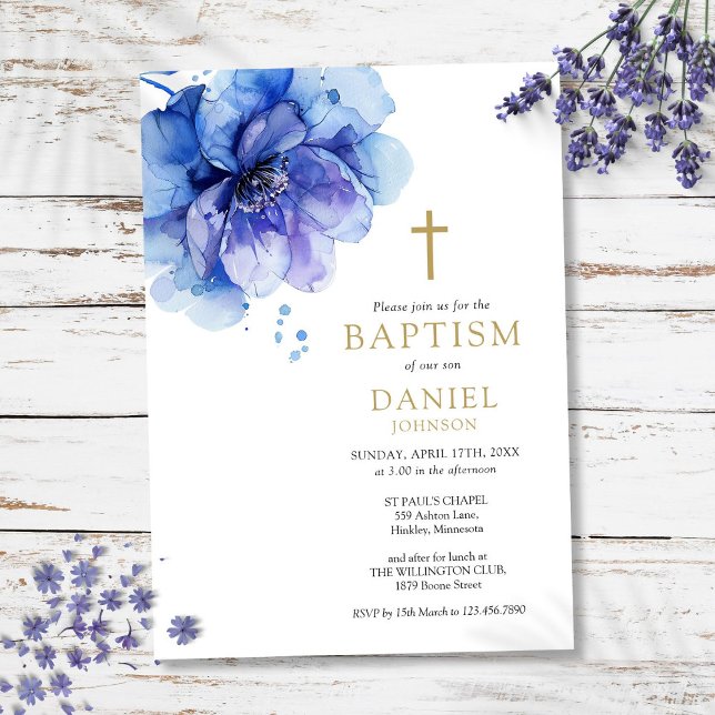 Convite Batismo Floral de Cor Azul Moderno e Azul (Modern Dusty Blue Watercolor Floral Baptism Invitation)