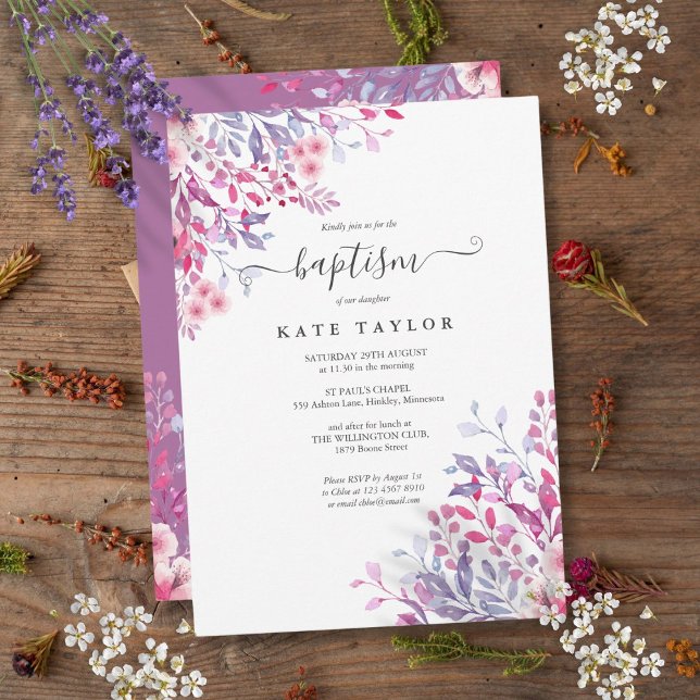 Convite Batismo Floral de Lavanda (Lavender Floral Baptism Christening Invitation)