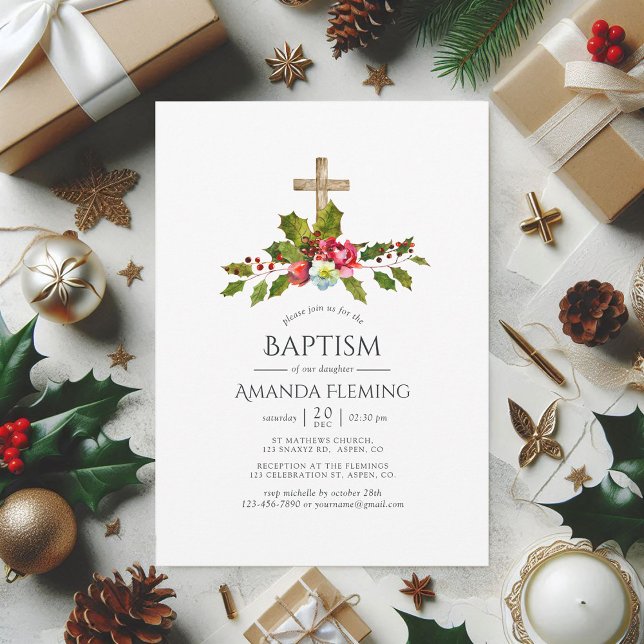 Convite Batismo Floral de Natal ou Natal (Christmas Floral Baptism or Christening Invitation)