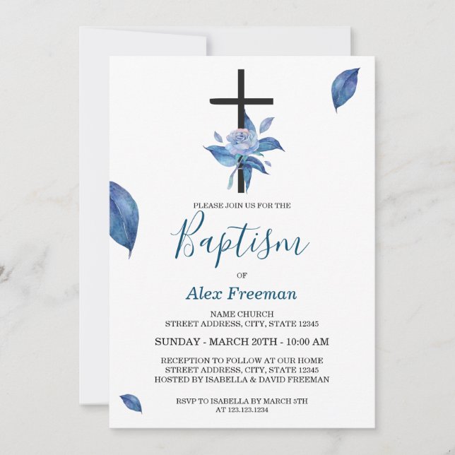 Convite Batismo Floral de Rosa com de Leitura Azul Único (Frente)