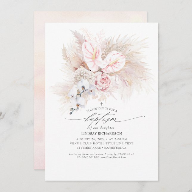 Convite Batismo Floral do Anthurium e Pampas Rosa (Frente/Verso)
