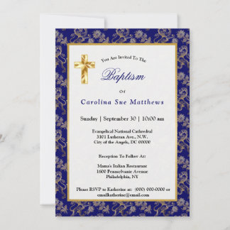 Convite Batismo Floral Dourado do Leão Azul Elegante