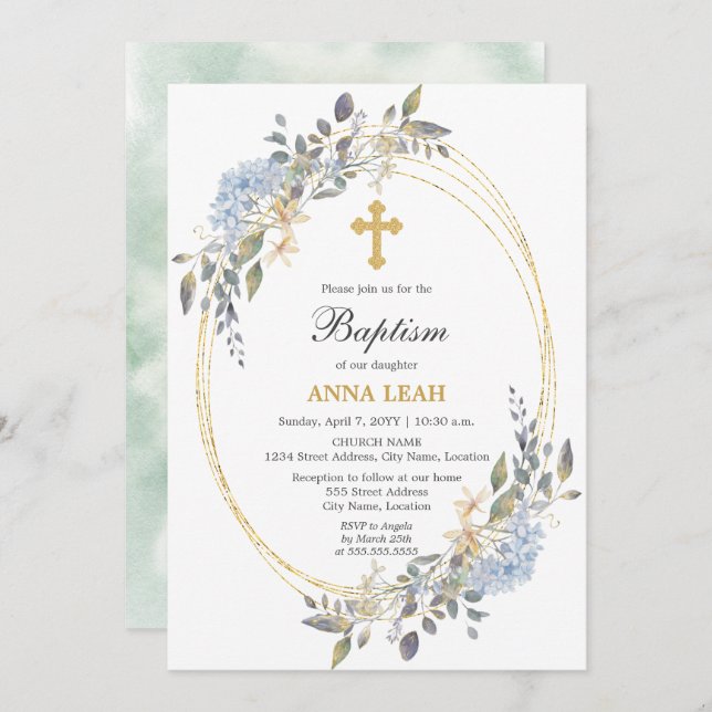 Convite Batismo Floral Dourado Elegante (Frente/Verso)