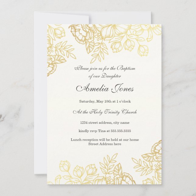 Convite Batismo Floral Dourado Elegante (Frente)