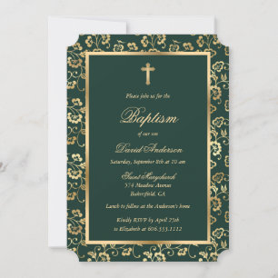 Convite Batismo Floral Dourado Elegante Verde