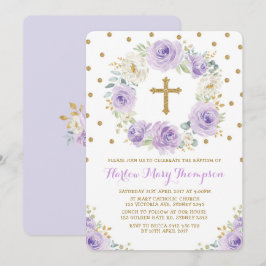 Convite Batismo Floral Dourado Roxo