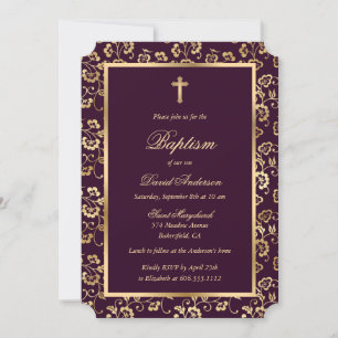 Convite Batismo Floral Dourado Roxo-Roxo Escuro-Chic
