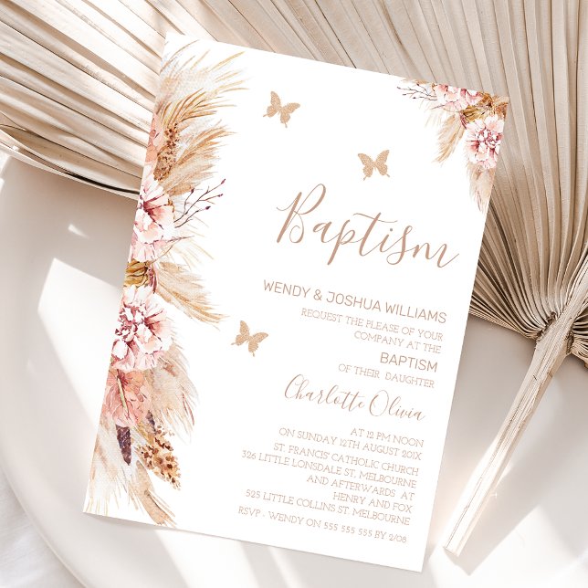 Convite Batismo Floral E Borboleta Rosa (Boho floral baptism invitation for baby girl also featuring some faux gold glitter butterflies.)