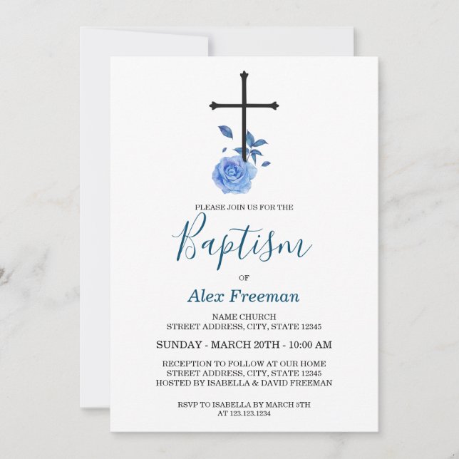 Convite Batismo Floral e Christening de Script Azul Elegan (Frente)