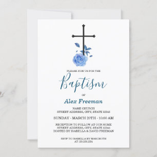 Convite Batismo Floral e Christening de Script Azul Elegan