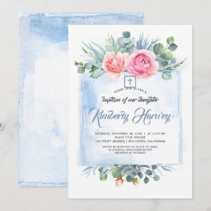 Convite Batismo Floral Elegante Azul Rosa e Dusty