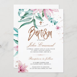 Convite Batismo floral elegante de cor aquosa cruz
