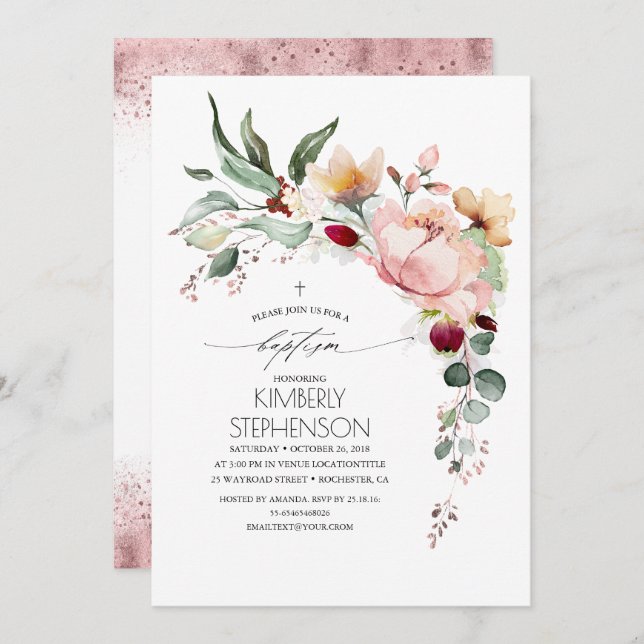 Convite Batismo Floral Elegante Elegante rosa Dourado (Frente/Verso)