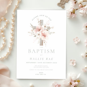 Convite Batismo Floral Elegante para Menina, Cruz Rosa Esb