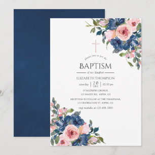Convite Batismo Floral em Aquarela Azul Marinho e Bege