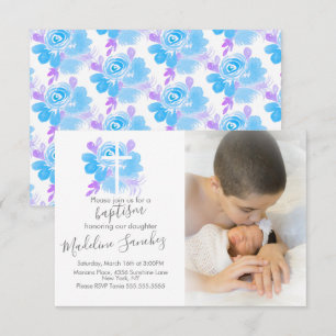 Convite Batismo Floral em Aquarela Cruz Dedicação de Bebê 