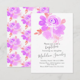 Convite Batismo Floral em Aquarela Roxo Dedicação de Bebê