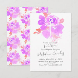 Convite Batismo Floral em Aquarela Roxo Dedicação de Bebê