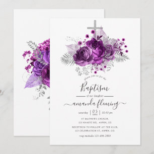 Convite Batismo Floral em Aquarela Roxo e Prata