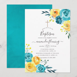 Convite Batismo Floral em Aquarela Turquesa e Amarelo