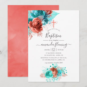 Convite Batismo Floral em Aquarela Turquesa e Coral