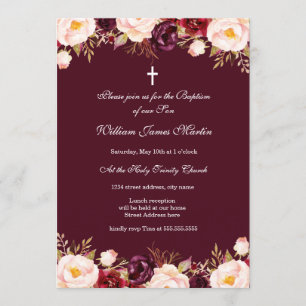 Convite Batismo Floral em Aquarela Vermelho Marsala Borgon
