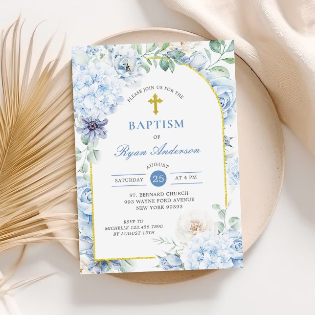 Convite Batismo Floral em Azul Desbotado e Dourado (Criador carregado)
