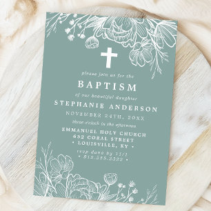 Convite Batismo Floral em Teal Desbotado e Branco