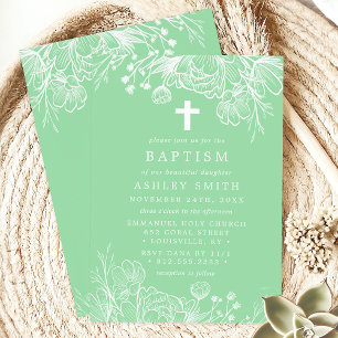 Convite Batismo Floral em Verde Menta e Branco