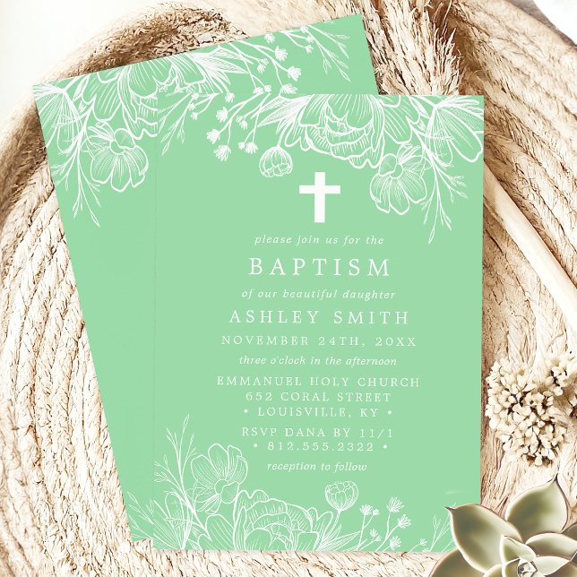 Convite Batismo Floral em Verde Menta e Branco (Criador carregado)