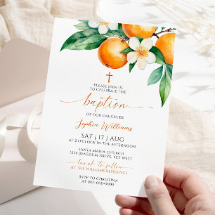 Convite Batismo Floral Laranja Elegante