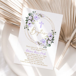 Convite Batismo Floral lavanda Christening Dourado Frame