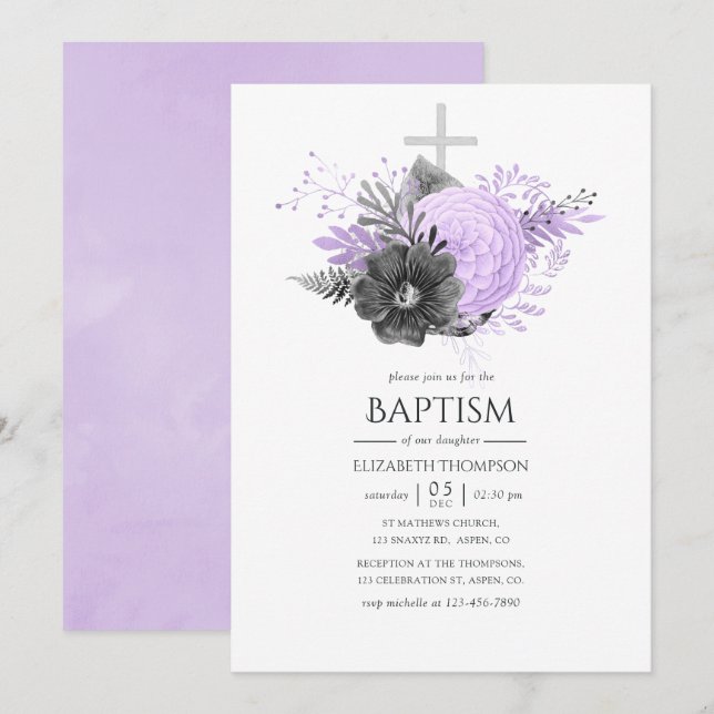 Convite Batismo Floral Lilás e Carvão (Frente/Verso)