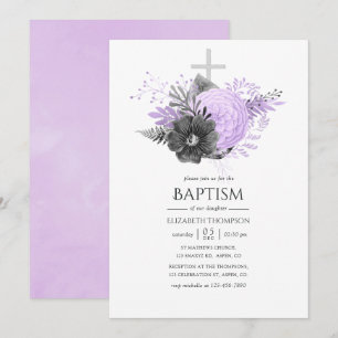Convite Batismo Floral Lilás e Carvão