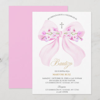 Convite Batismo Floral Menina Arco Rosa Aquarela