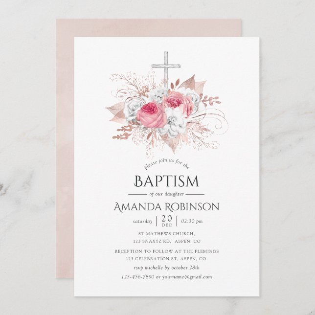 Convite Batismo Floral ou Christening Dourado e Blush (Frente/Verso)