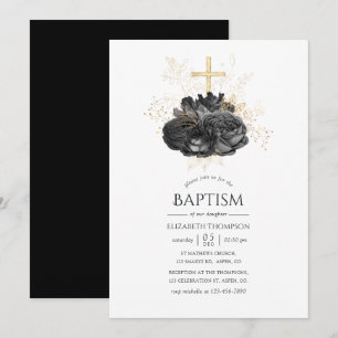 Convite Batismo Floral Preto e Dourado Vintage