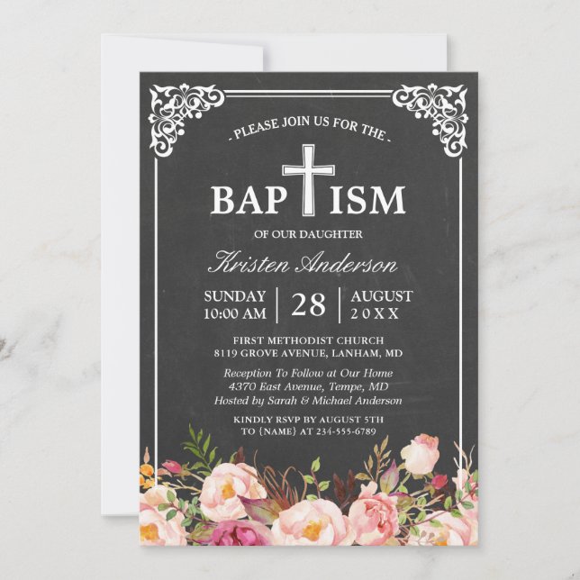 Convite Batismo Floral | Quadro de Quadros de Chalkboards  (Frente)