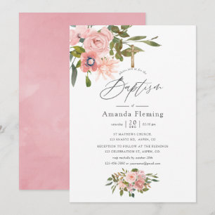 Convite Batismo Floral Rosa Água e Dourado Rosa