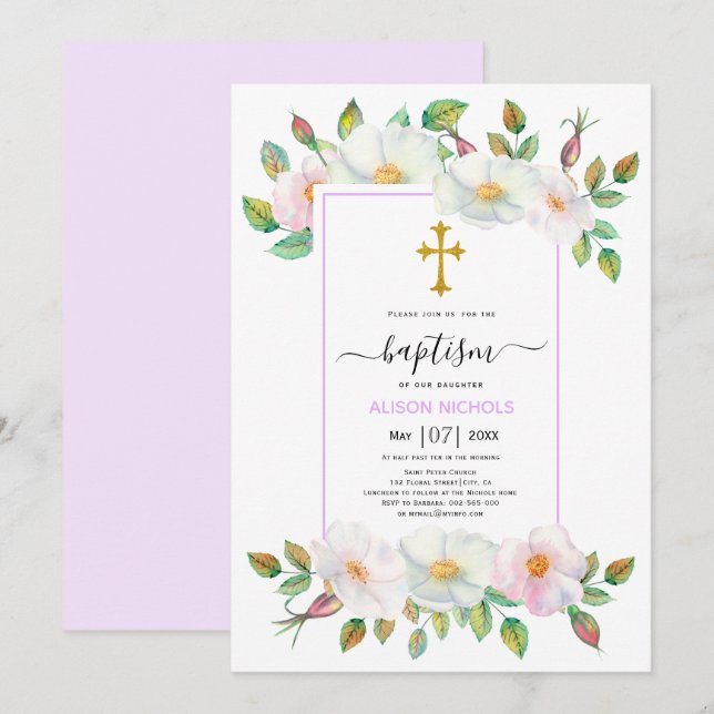 Convite Batismo floral rosa branco selvagem (Frente/Verso)