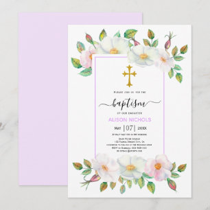 Convite Batismo floral rosa branco selvagem lavanda 