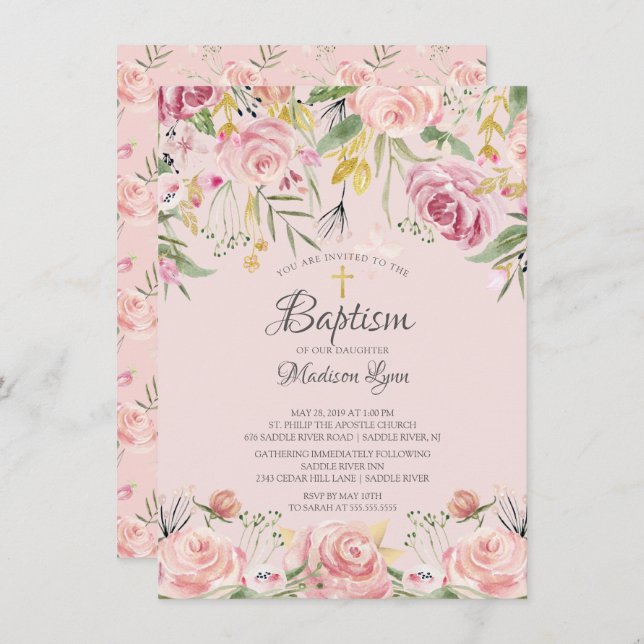 Convite Batismo Floral Rosa Cor-de-Água Moderna (Frente/Verso)
