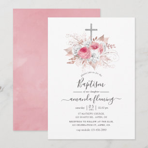 Convite Batismo Floral Rosa e Dourado Rosa