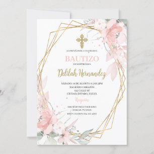 Convite Batismo floral rosa espanhol