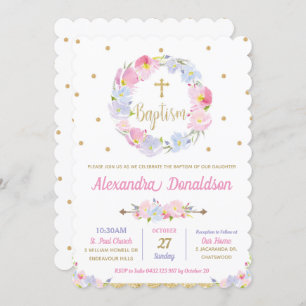 Convite Batismo Floral Rosa Moderno Cinzento Cinzento Cinz