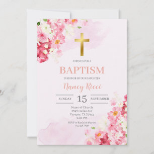 Convite Batismo Floral Rosa para Menina