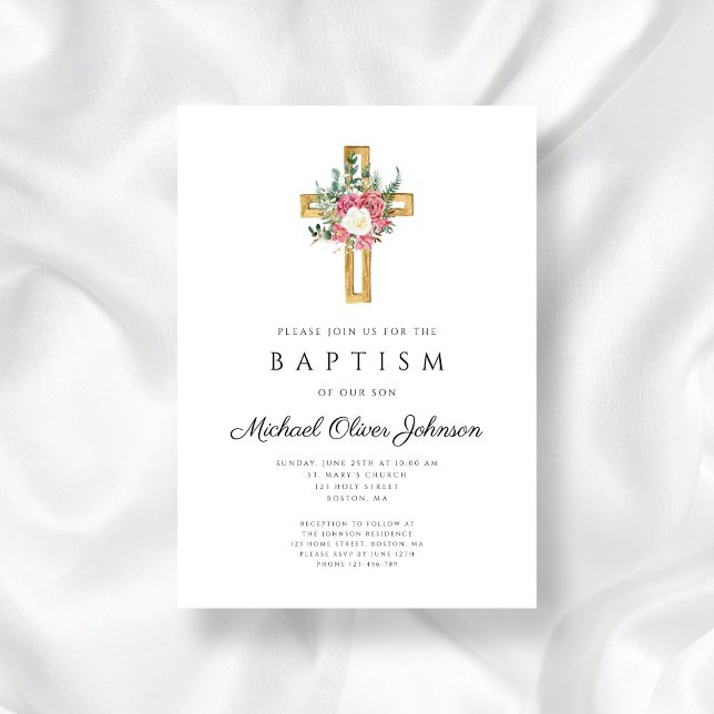 Convite Batismo Floral Rosa Rosa Elegante (Elegant Religious Cross Pink Floral Baptism Invitation)